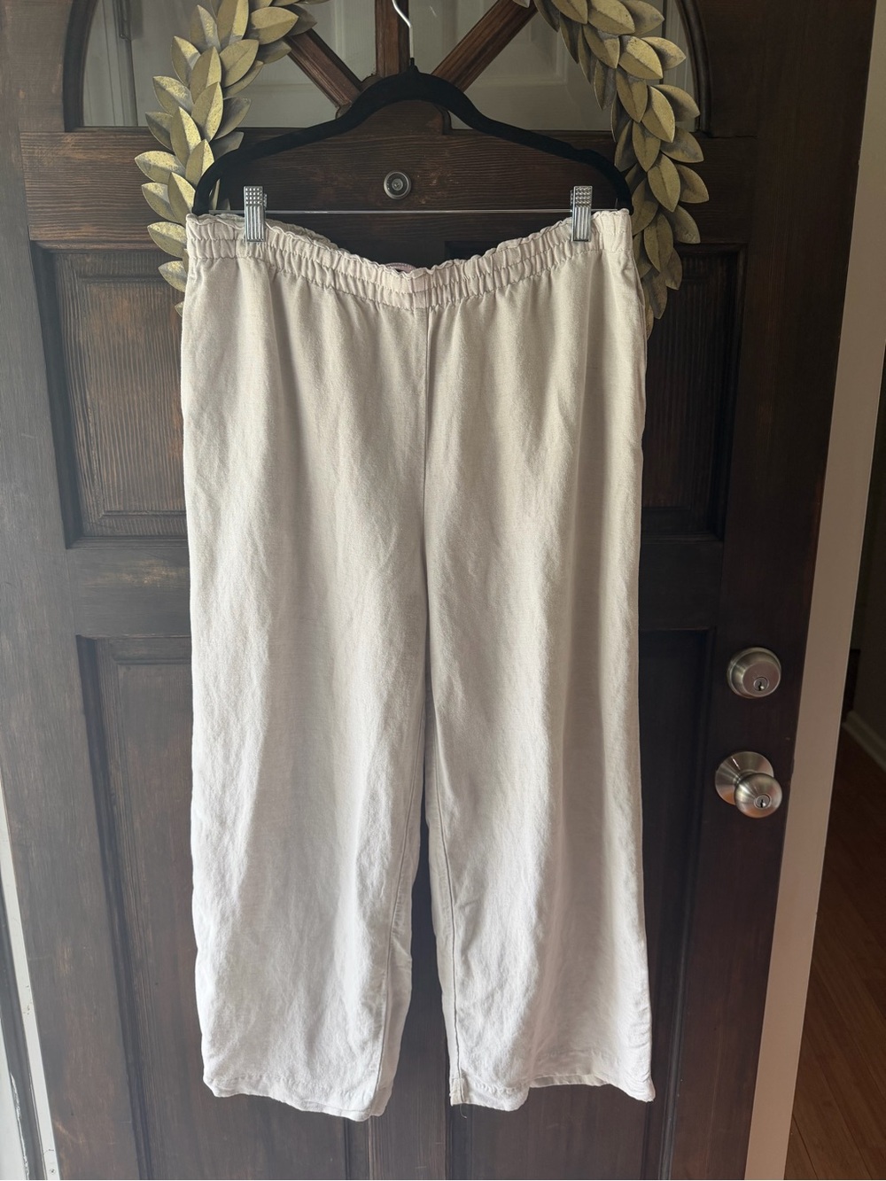 Light Beige Elastic Waist Wide-Leg Pants. Linen blend